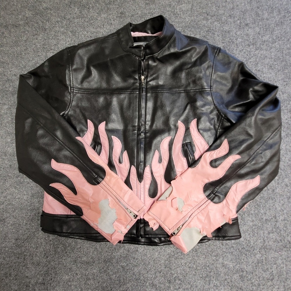 Diamond Plate Jacket Womens Size XL Black Pink Faux Leather Flame Biker Fair